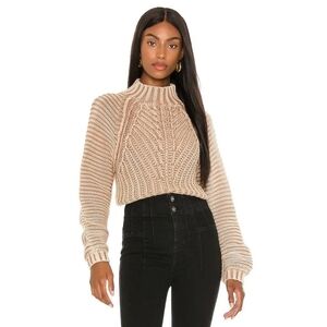 Free People Sweetheart Chunky Knit Crop Sweater Mock Neck Puff Sleeve Sand- sz M